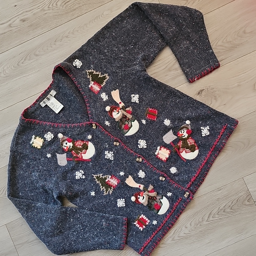 Vintage 90s OHI Angora Blend Christmas Snowman Applique‎ Cardigan Sweater, Med